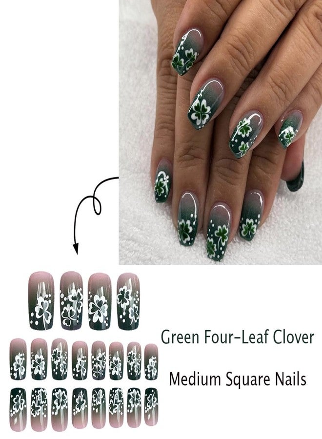 OSTTMA 24Pcs St. Patrick's Day Press on Nails White Shamrock Fake Nails French Tip False Nail with Clover Design Gradient Green Glue on Nails Medium Length Stick on Nail for Women DIY Irish Holiday Manicure - Image 3
